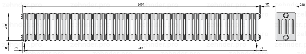Схема (чертеж) Радиатор Zehnder Charleston 6026/54 №3570 Белый глянцевый RAL 9016